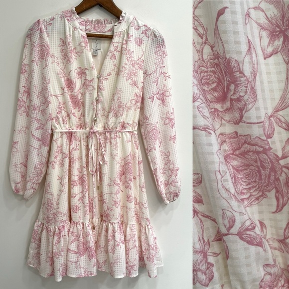 Joie Pink Floral A-Line Mini Dress Long Sleeve Small Soft Girl Coquette Girly - Picture 1 of 15